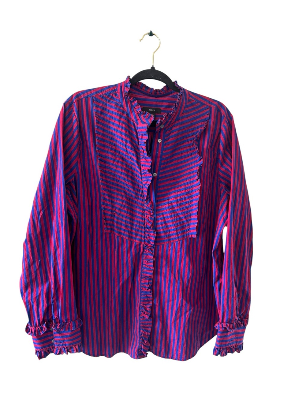 J. Crew Women's Red and Blue Poplin Striped Ruffle-Trim 100% cotton size XL - Picture 3 of 7